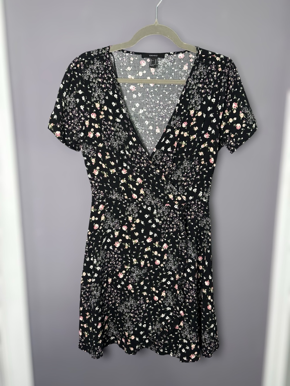 Forever 21 Floral Faux Wrap Black Pink Mini Dress Medium